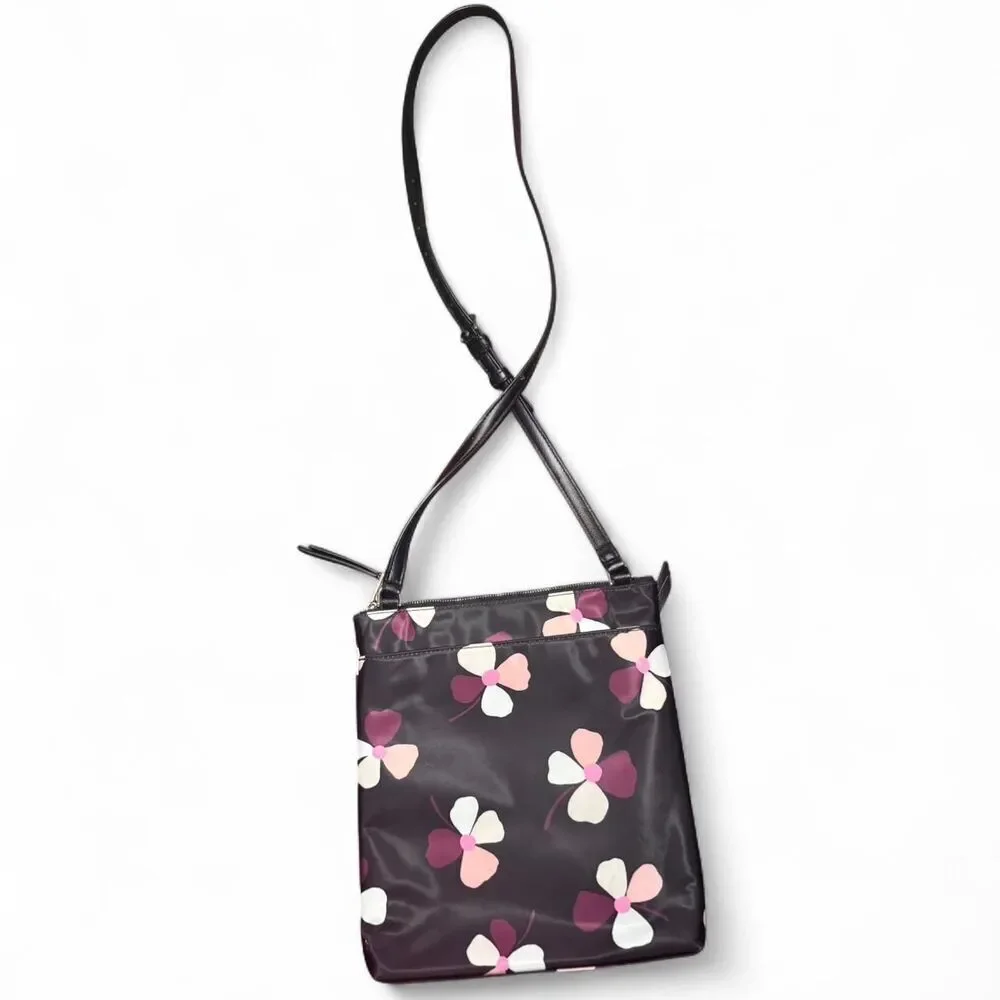 Kate Spade Dawn Dusk Buds Flat Crossbody Black Floral Nylon 10.5x10x1 adjustable